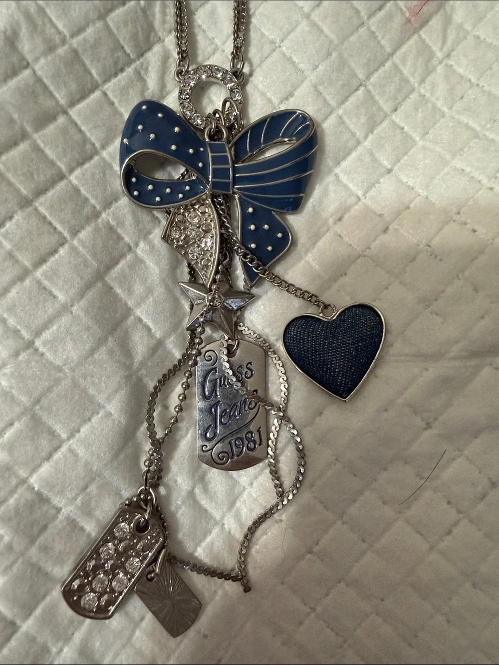 Y2k guess Silver-tone Necklace with Blue Bow and Heart Charms